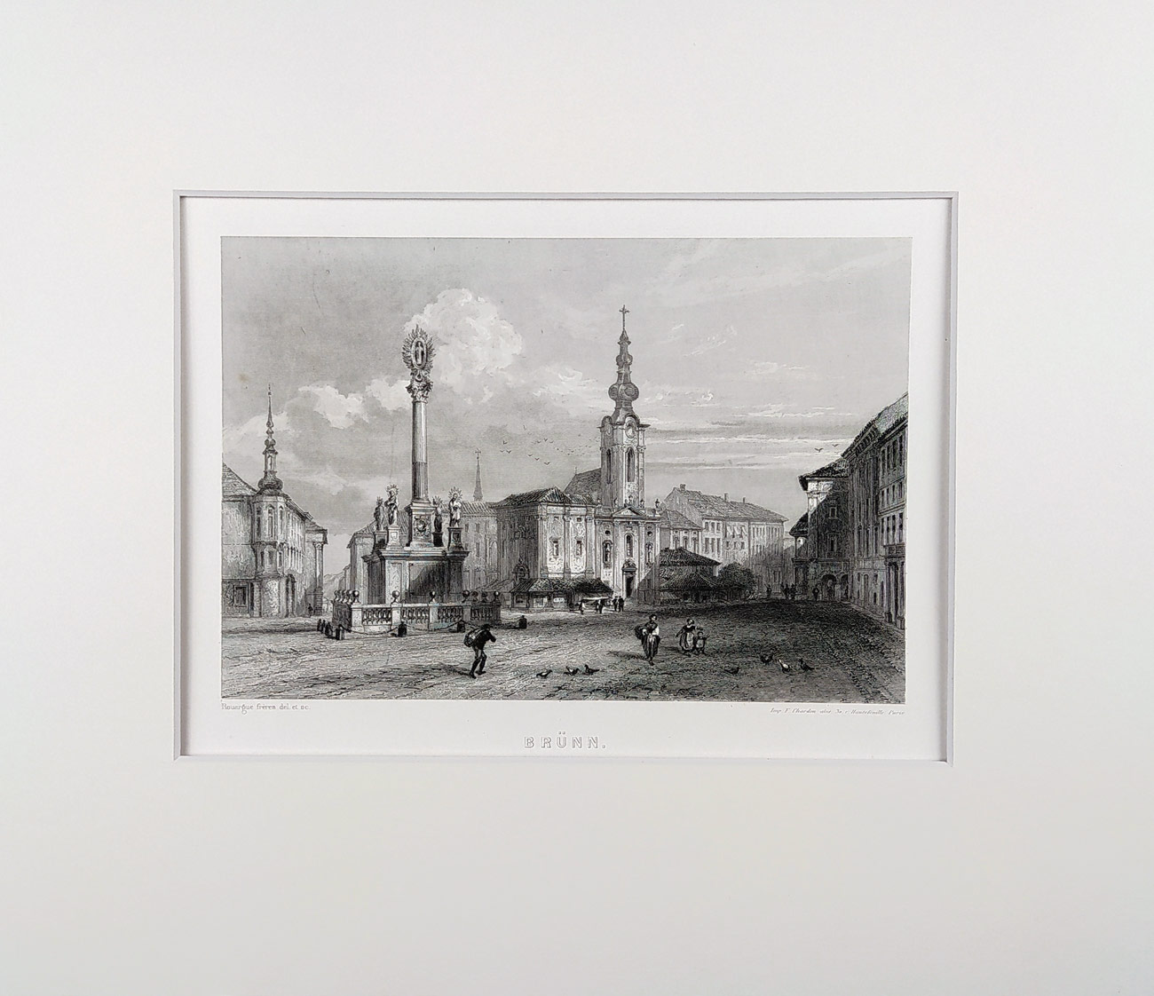 Brno – Mariánský sloup na náměstí Svobody, Rouarque, původní oceloryt, ca 1850