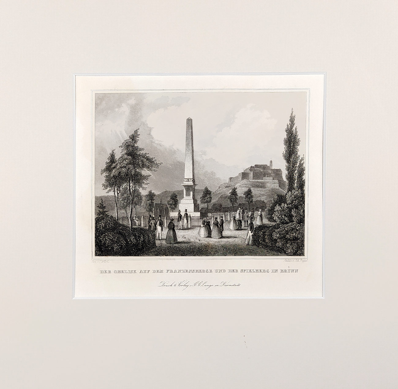 Brno – Obelisk v Denisových sadech, Johann Poppel, Carl Würbs, oceloryt, ca 1840