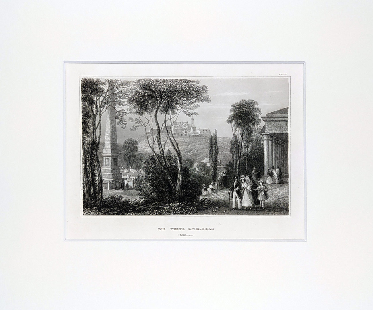 Brno – Špilberk a Obelisk v Denisových sadech, původní oceloryt, ca 1840