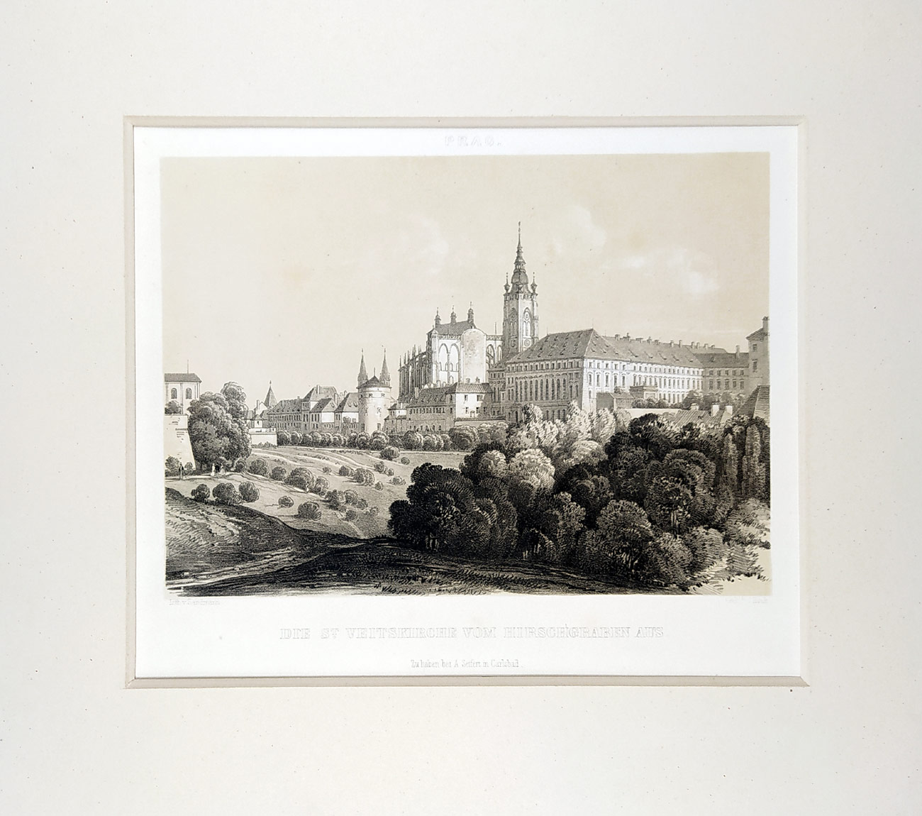 Praha – pohled na Pražský hrad, Fr. X. Sandmann, původní litografie s podtiskem, ca 1860