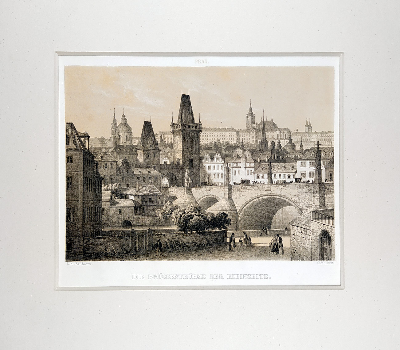 Praha – Malostranské mostecké věže, Fr. X. Sandmann, původní litografie, ca 1860