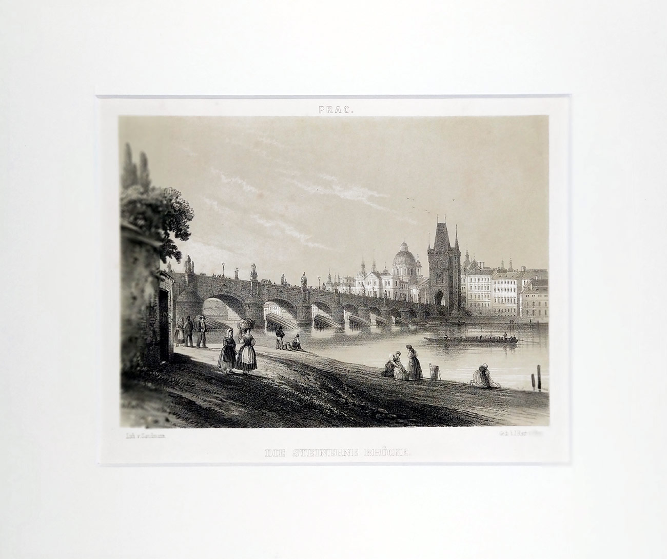 Praha – Karlův most a Staré Město, Fr. X. Sandmann, původní litografie, ca 1860