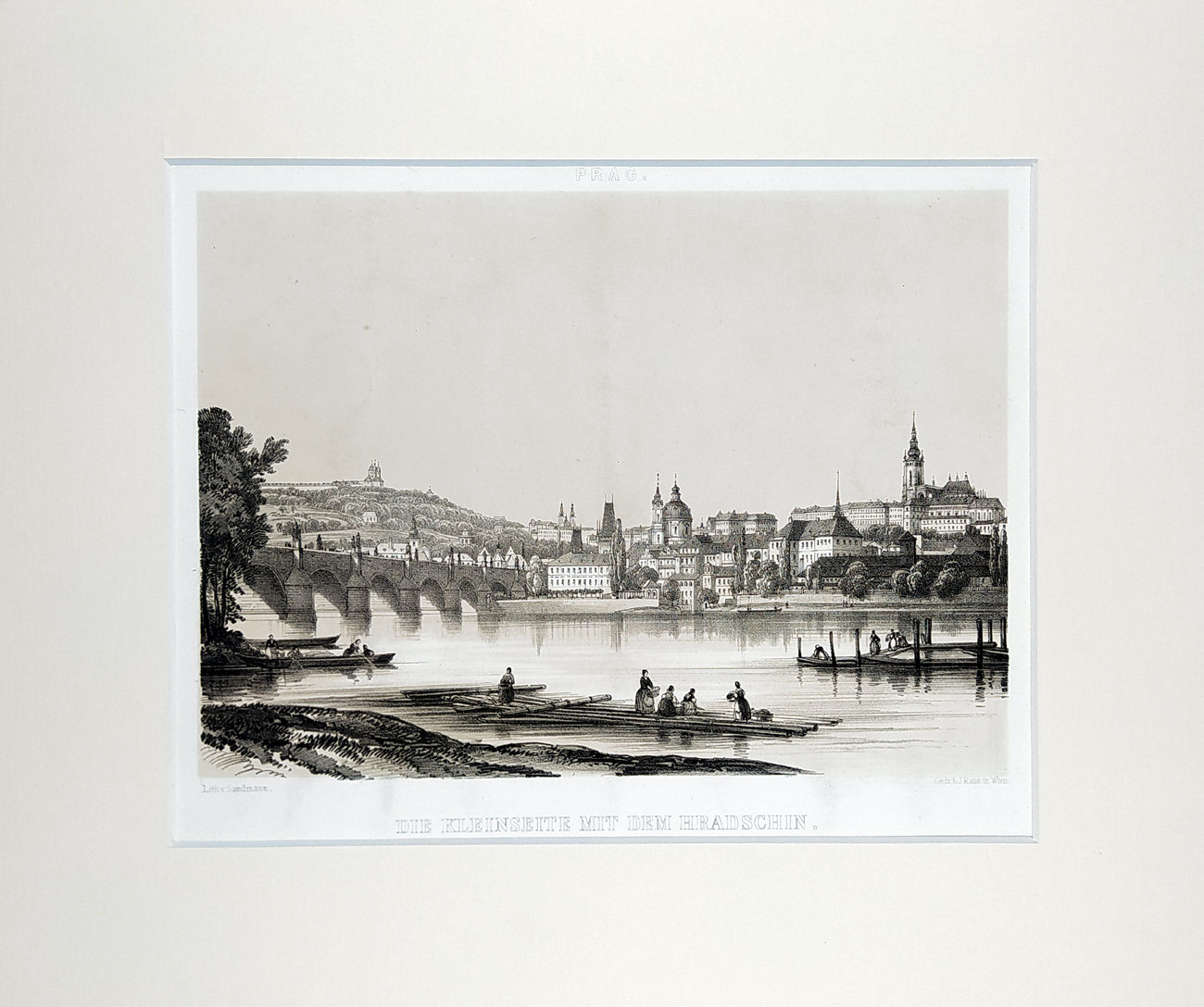 Praha – Karlův most, Malá Strana a Hradčany, Fr. X. Sandmann, původní litografie, ca 1860