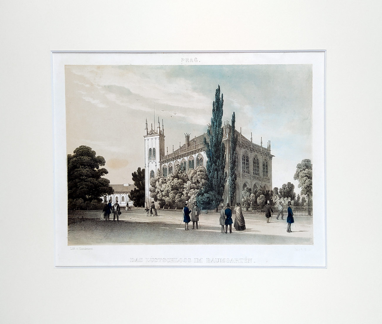 Praha – Letohrádek ve Stromovce, Fr. X. Sandmann, staře kolorovaná litografie, ca 1860