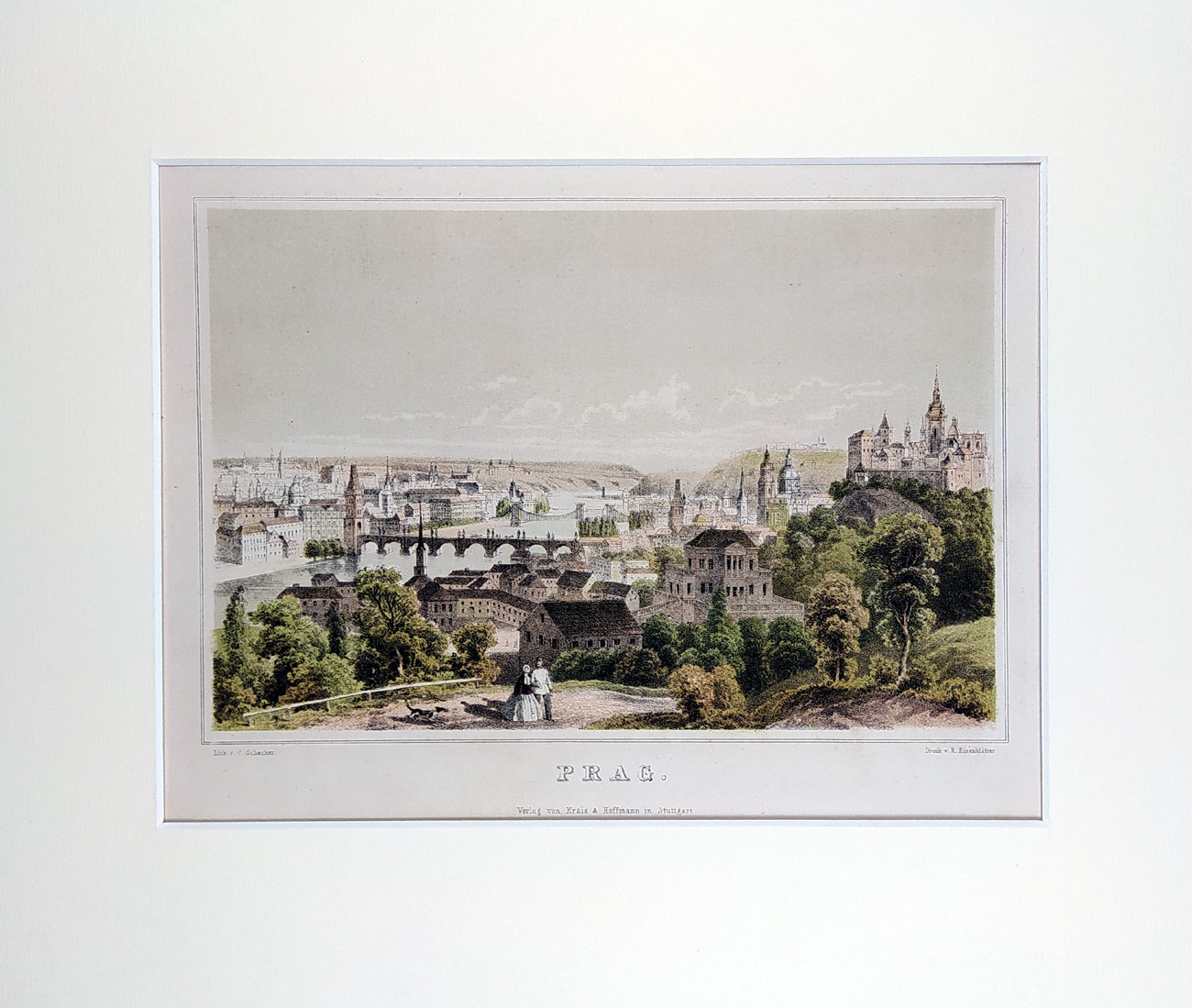 Praha – pohled na město, C. Schacher, původní barevná litografie, ca 1860