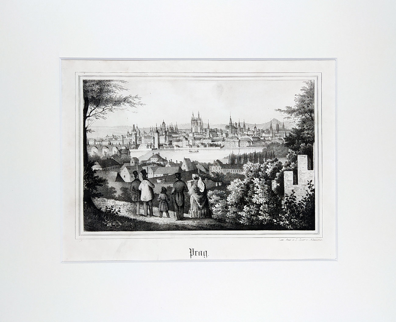 Praha – pohled přes řeku na Staré Město, L. Oeser, původní litografie, ca 1855