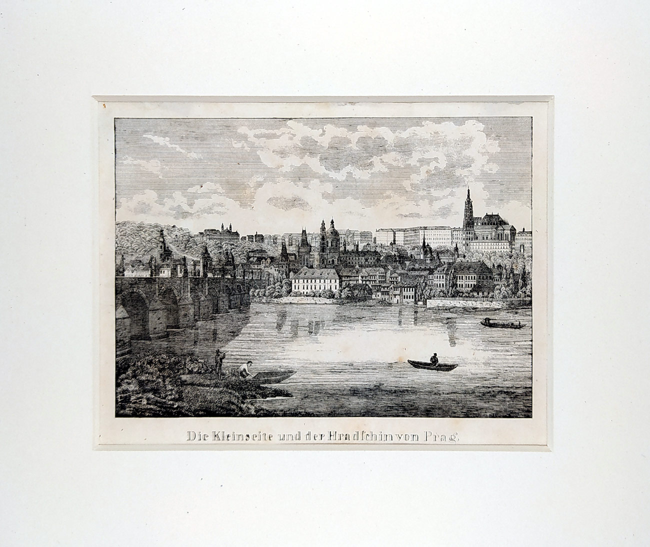 Praha – pohled přes řeku na Malou Stranu a Hradčany, původní dřevoryt, ca 1860