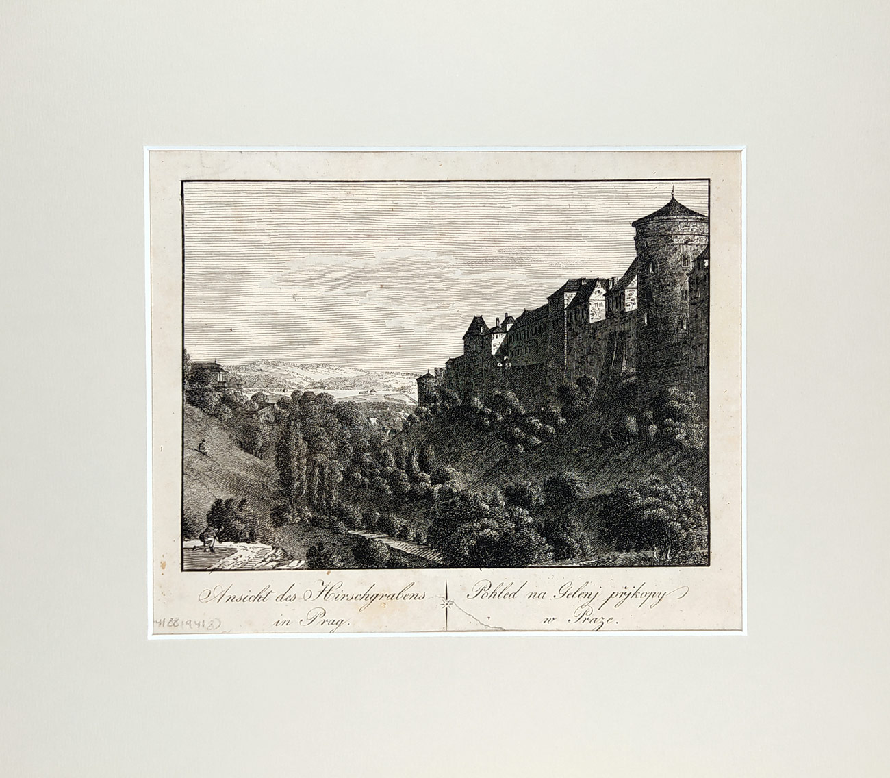 Praha – Jelení příkop, Pražský hrad, Kašpar Pluth, Hyllos, původní mědiryt, ca 1820