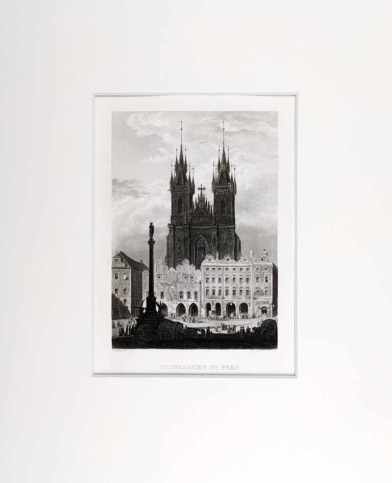 Praha – Chrám Matky Boží před Týnem, E. C. Schmidt, původní oceloryt, ca 1830