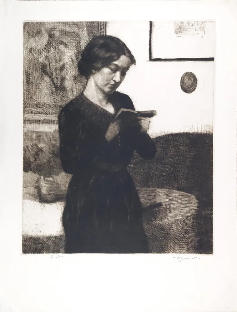 Šimon Tavík František – Vilma čtoucí knihu, původní mezzotinta, 1914