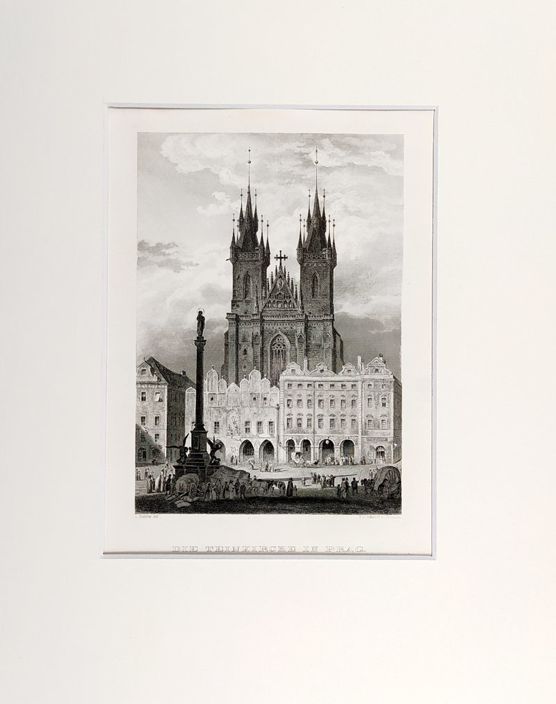 Praha – Chrám Matky Boží před Týnem, E. C. Schmidt, původní oceloryt, ca 1830