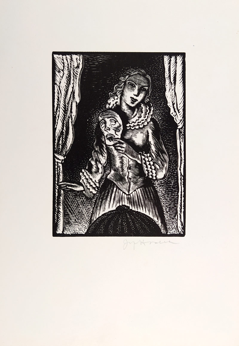 Hodek Josef mladší – Dívka s maskou, PF 1930 Ruda Andrée, původní dřevoryt, 1929