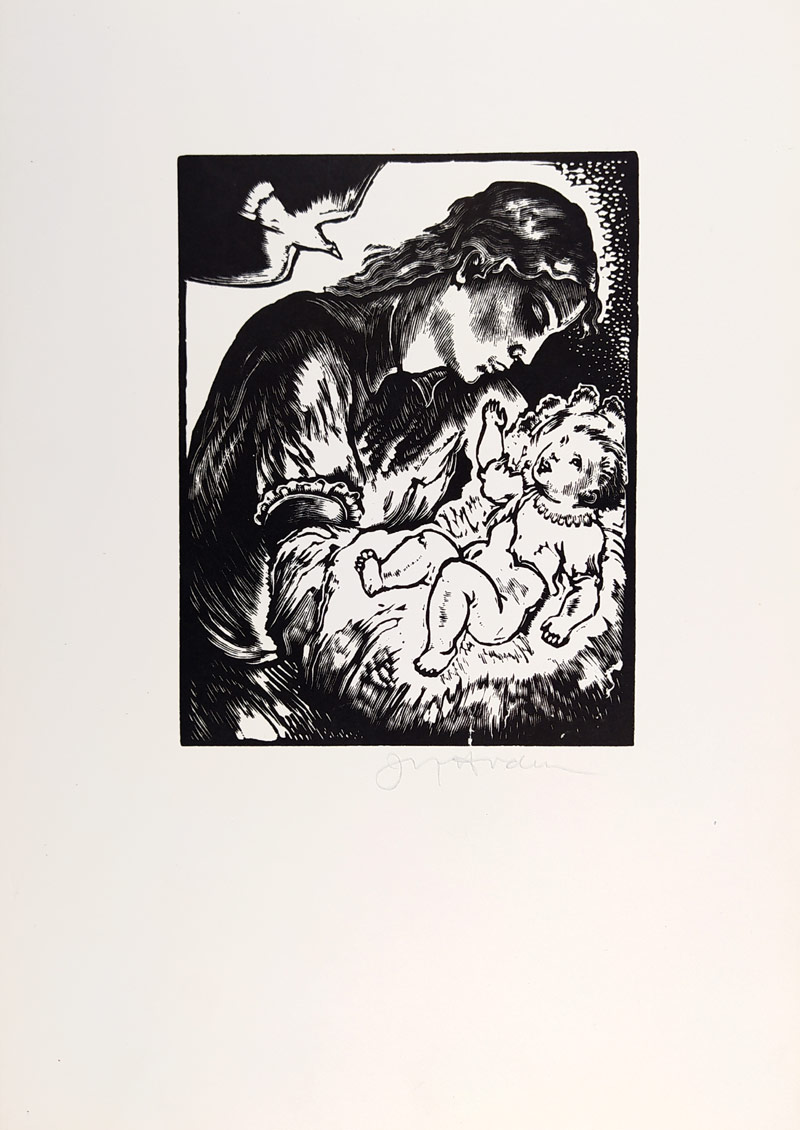 Hodek Josef mladší – Matka s dítětem, vlastní PF 1946, původní dřevoryt, 1945