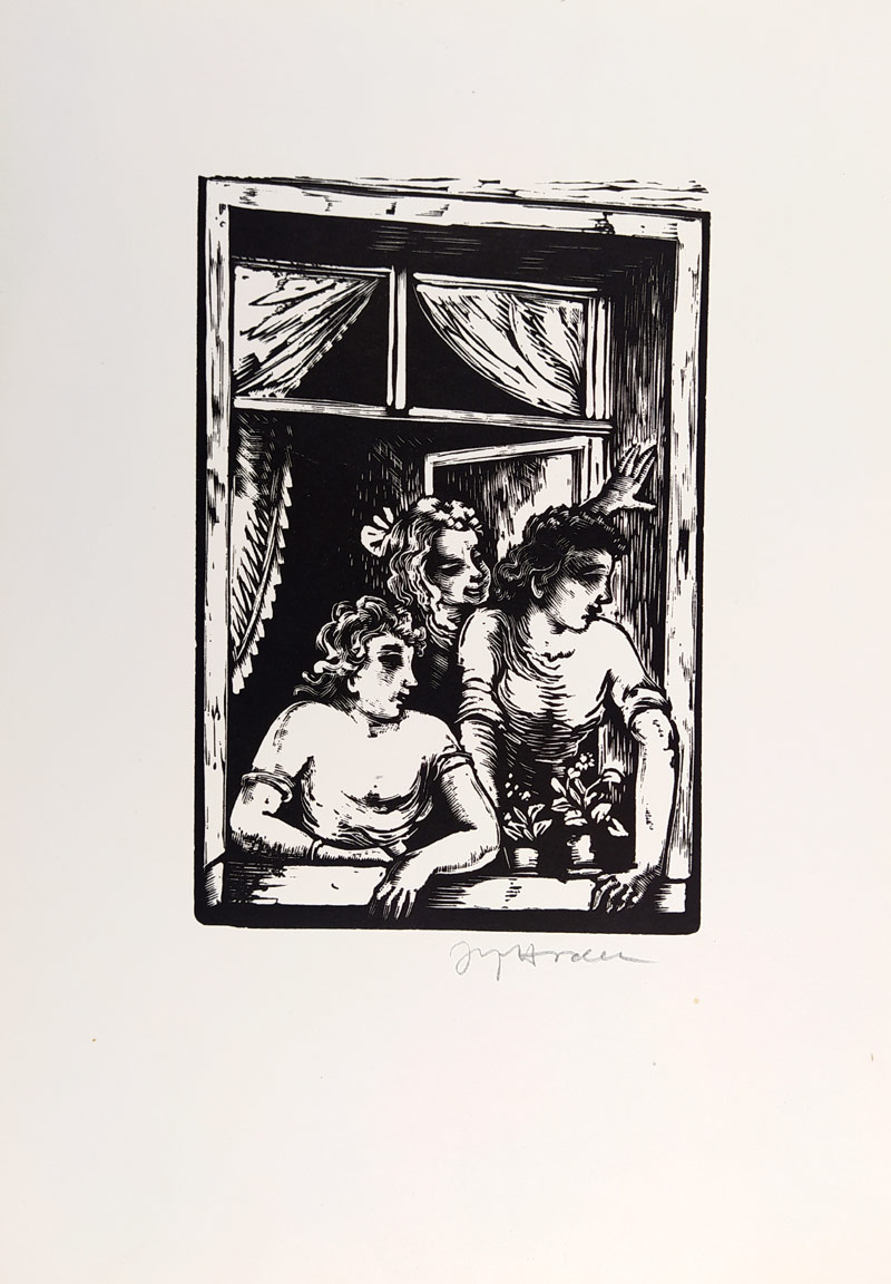 Hodek Josef mladší – Ženy v okně, vlastní PF 1946, původní dřevoryt, 1945