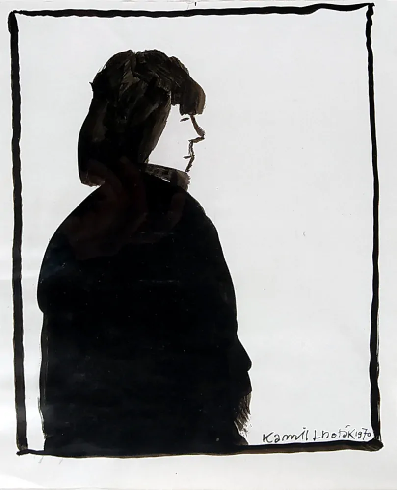 Lhoták Kamil – Žena v kabátě, původní kresba tuší, 1970