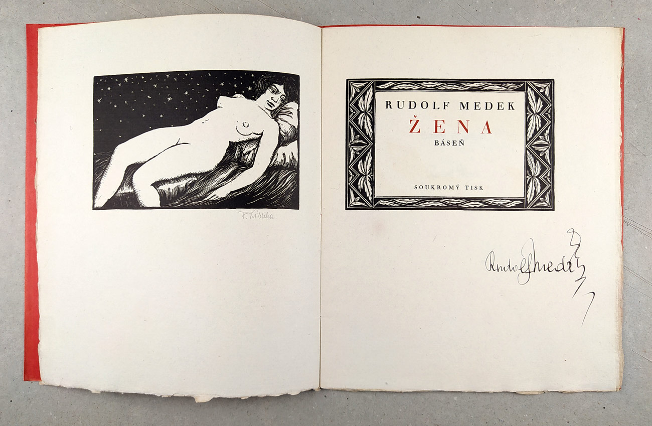 Medek Rudolf, František Kobliha – Žena. Báseň, soukromý tisk, podpis autora, 1928