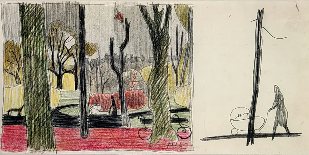 Hudeček František – Podzim ve Stromovce, kolorovaná přípravná kresba k oleji  Večer v parku, 1943