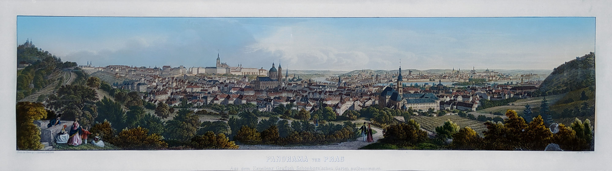 Praha – Panorama Prahy, Morstadt Vincenc, Rybička Josef, staře kolorovaný předleptaný oceloryt, ca 1840