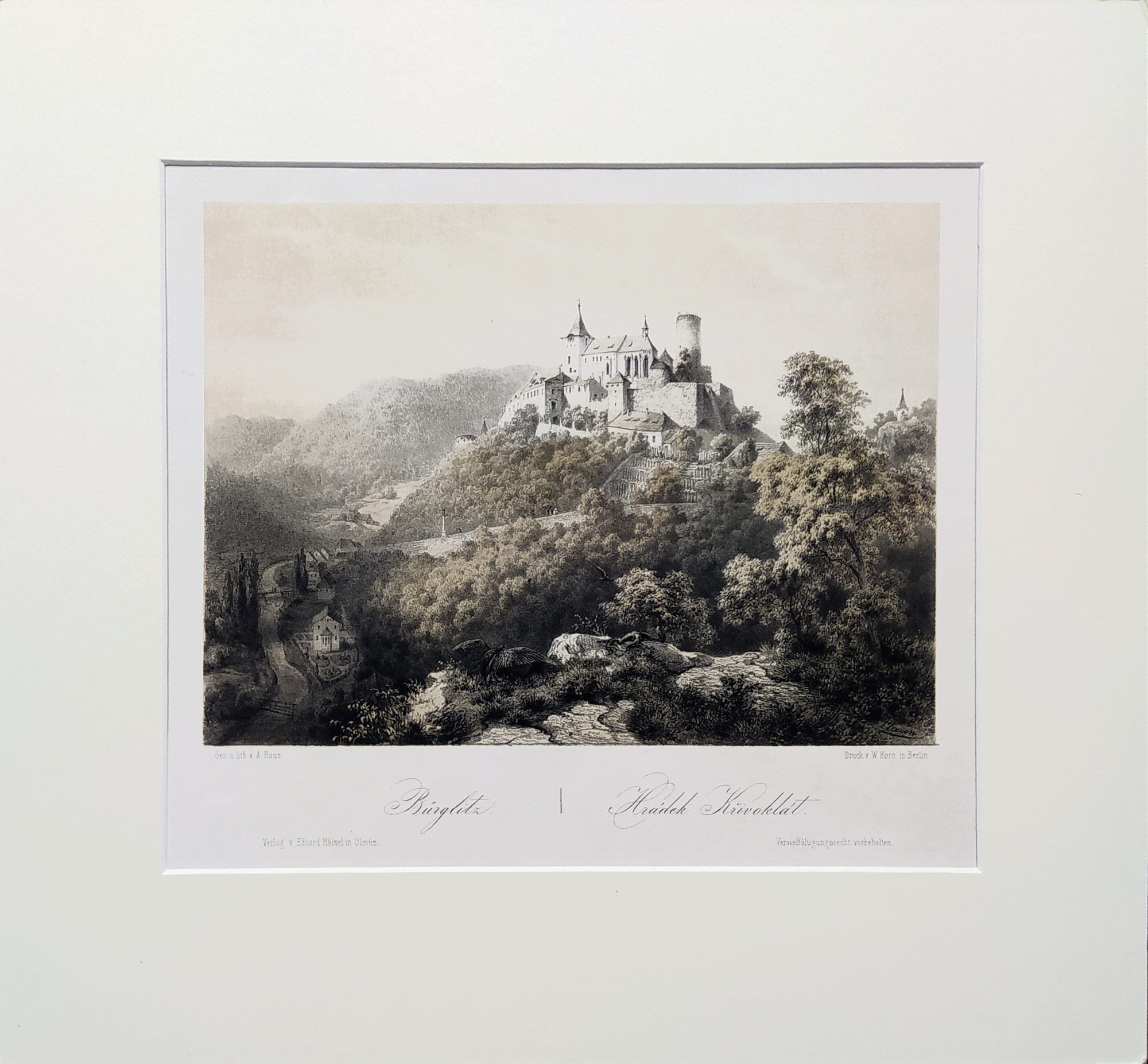 Křivoklát – Haun August, původní dvoubarevná litografie s podtiskem, 1860