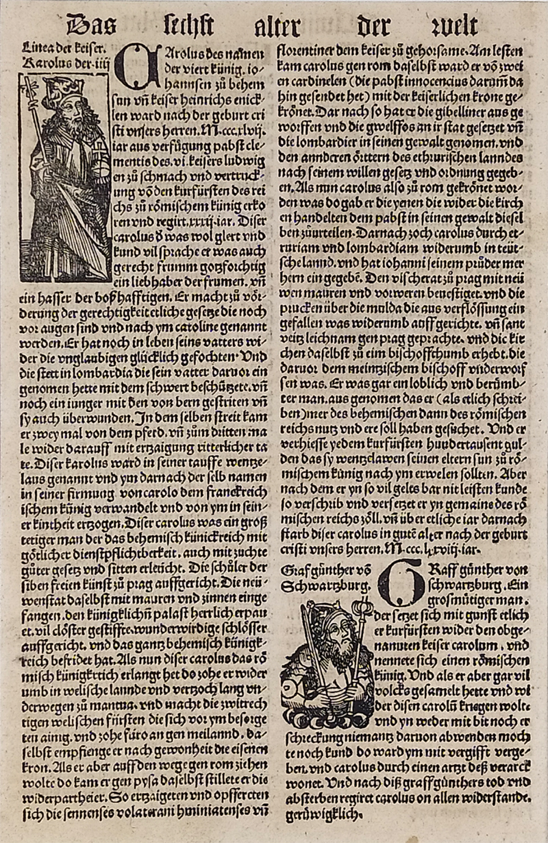 Karel IV. – Günther ze Schwarzburgu, Schedel, Hartmann, stará grafika, původní dřevořez, 1496
