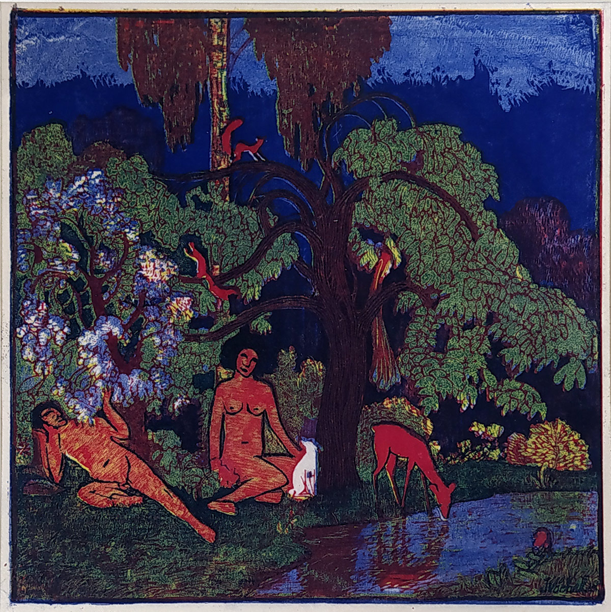 Váchal Josef – Večer (2. varianta), původní barevný dřevoryt na japanu, 1913