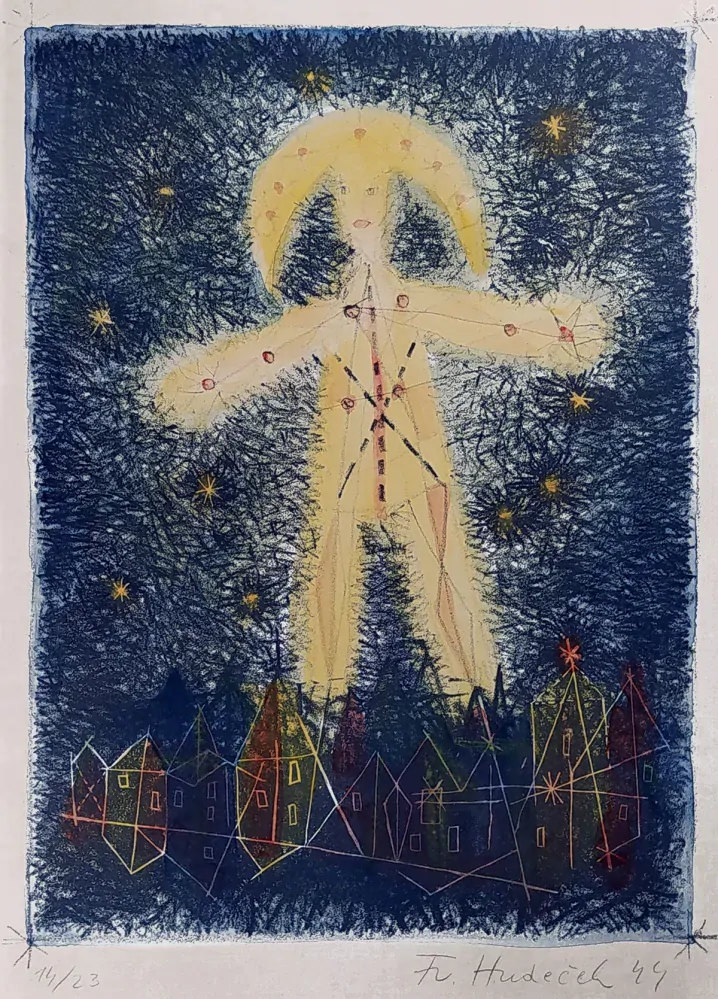 Hudeček František – Noční chodec, autorsky akvarelem kolorovaná litografie, 1944