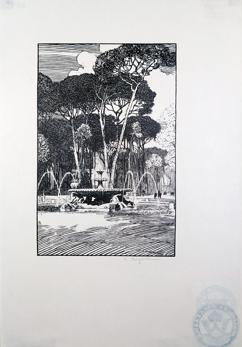 Růžička Rudolf – Fontána v parku, původní dřevoryt, nedatováno