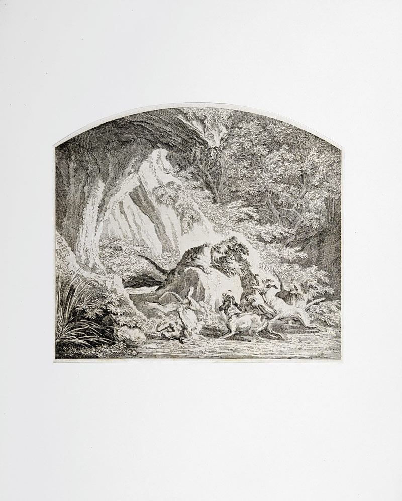 Ridinger Johann Elias – Štvanice divočáka za pomoci psů, mědiryt s leptem, ca 1740