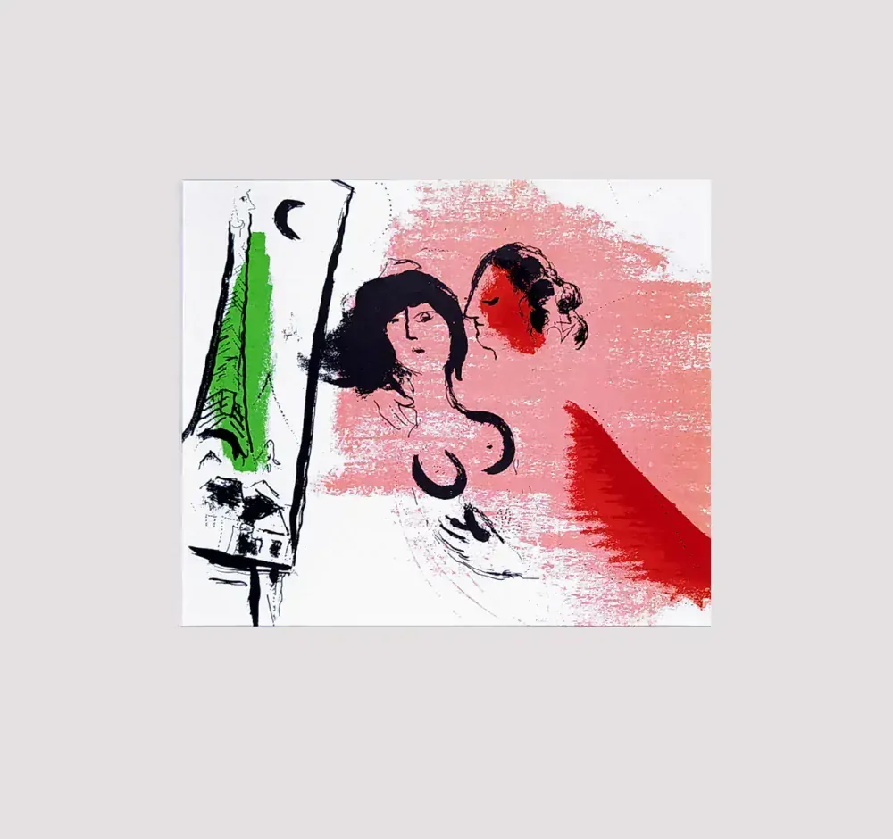 Chagall Marc – The Green Eiffel Tower, Zelená Eiffelova věž, původní barevná litografie, 1957