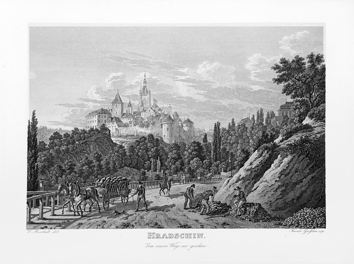 Praha – Pražský hrad s Chotkovy silnice, Vincenc Morstadt, F. Geissler, oceloryt, 1835