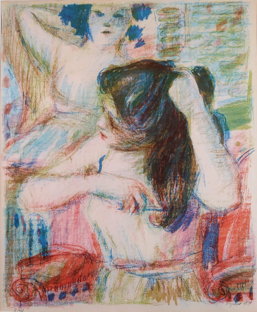 Sychra Vladimír – Česající se dívky, rozměrná barevná litografie, číslováno 31/200, 1959