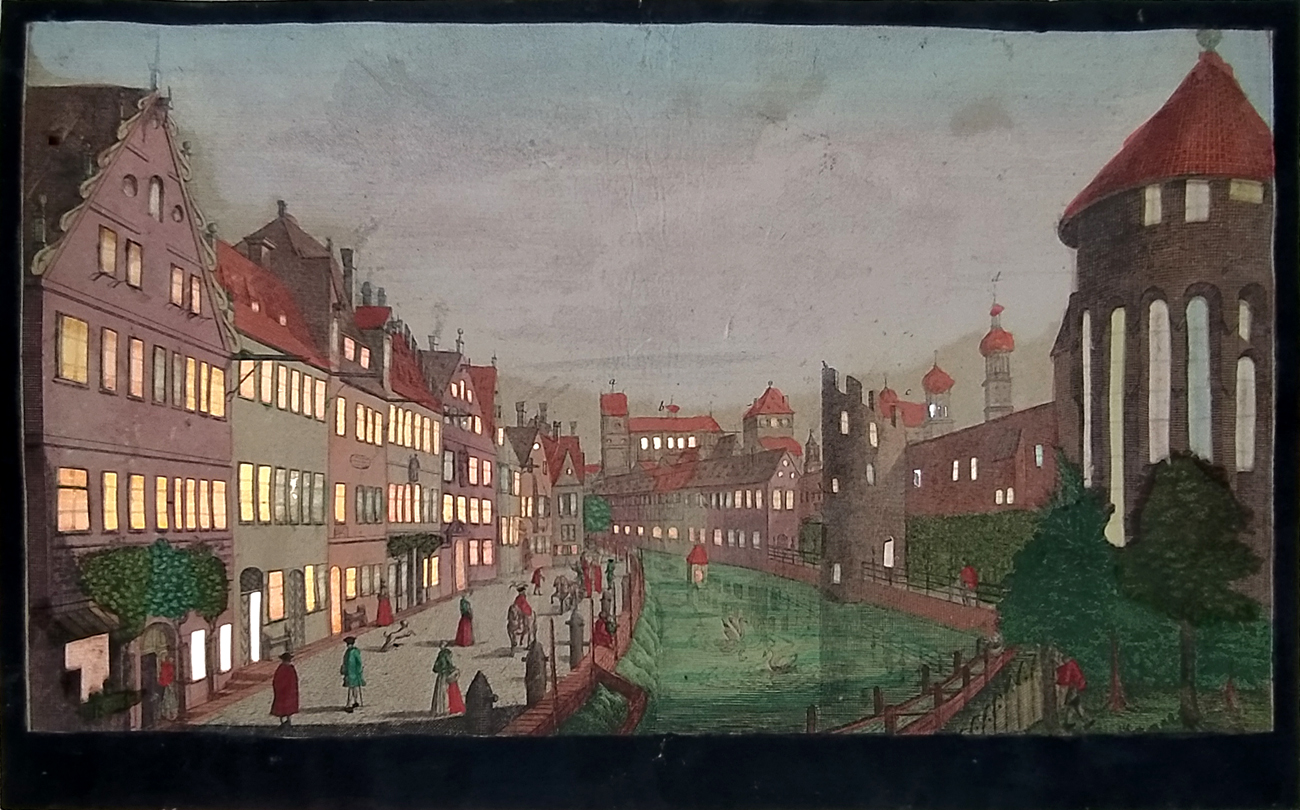 Německo – Augsburg, kukátkový list, veduta, původní mědiryt