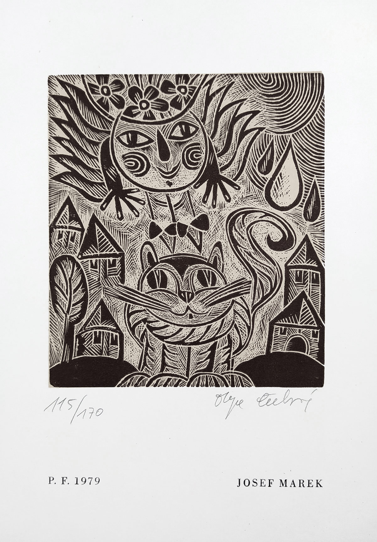 Čechová Olga – Kočičino překvapení, P. F. 1979 Josef Marek, dřevoryt, 1979