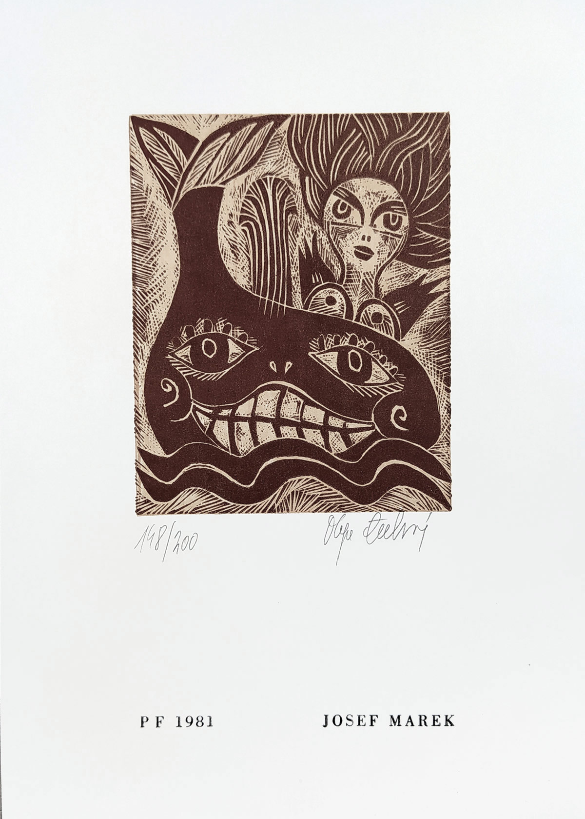 Čechová Olga – Jak vytrhnout velrybě stoličku, P. F. 1981 Josef Marek, dřevoryt, 1981