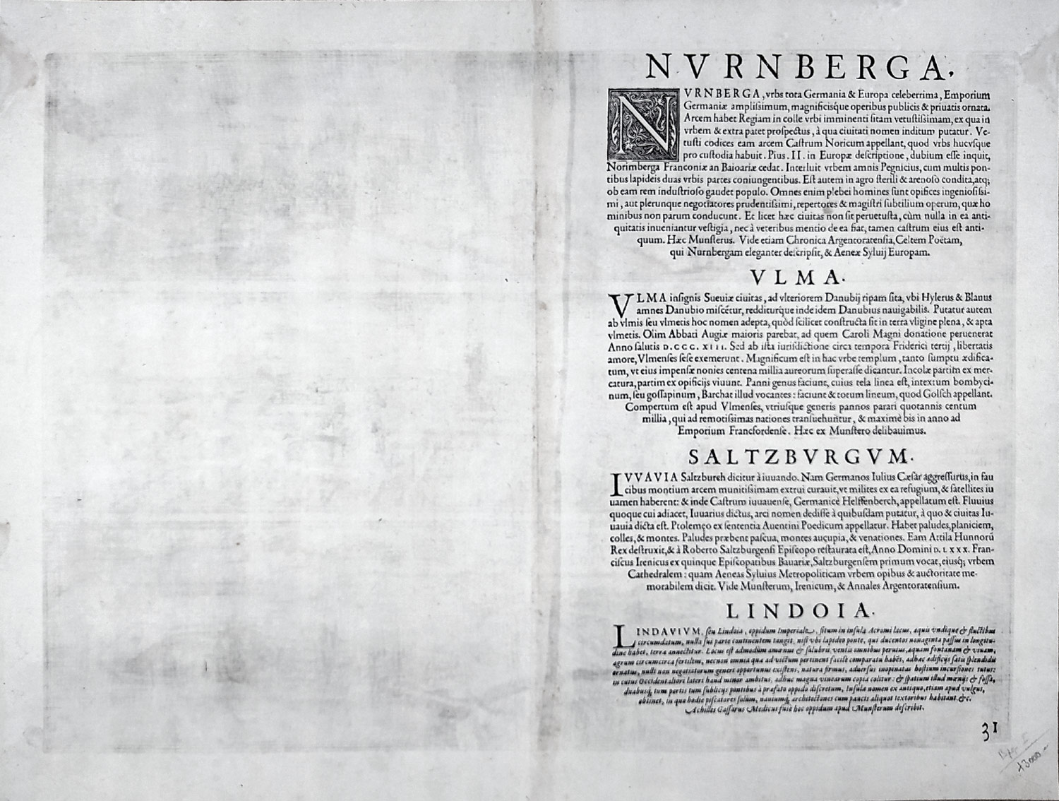 Norimberg, Ulm, Salzburg, Lindau – Georg Braun & Franz Hogenberg, staře kolorovaný mědiryt, 1582