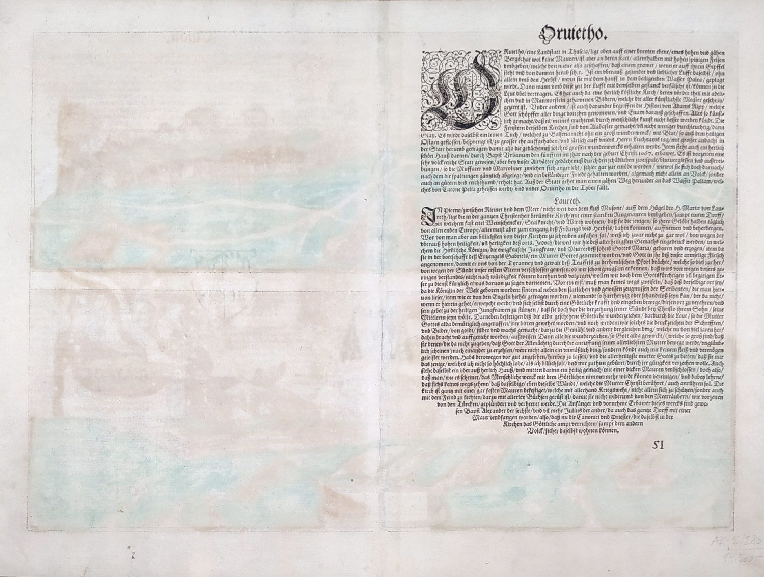 Orvieto a Loreto – Georg Braun & Franz Hogenberg, staře kolorovaný mědiryt, 1581