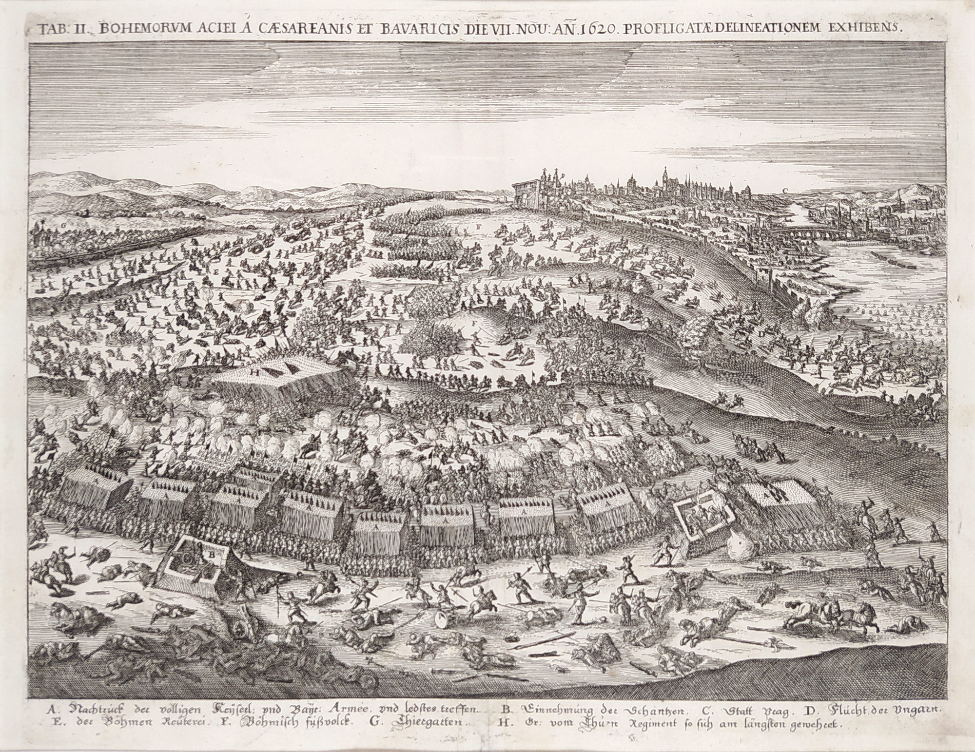 Praha – Bitva na Bílé hoře, Joan Sadeler, Matthias Merian, původní mědiryt, 1635