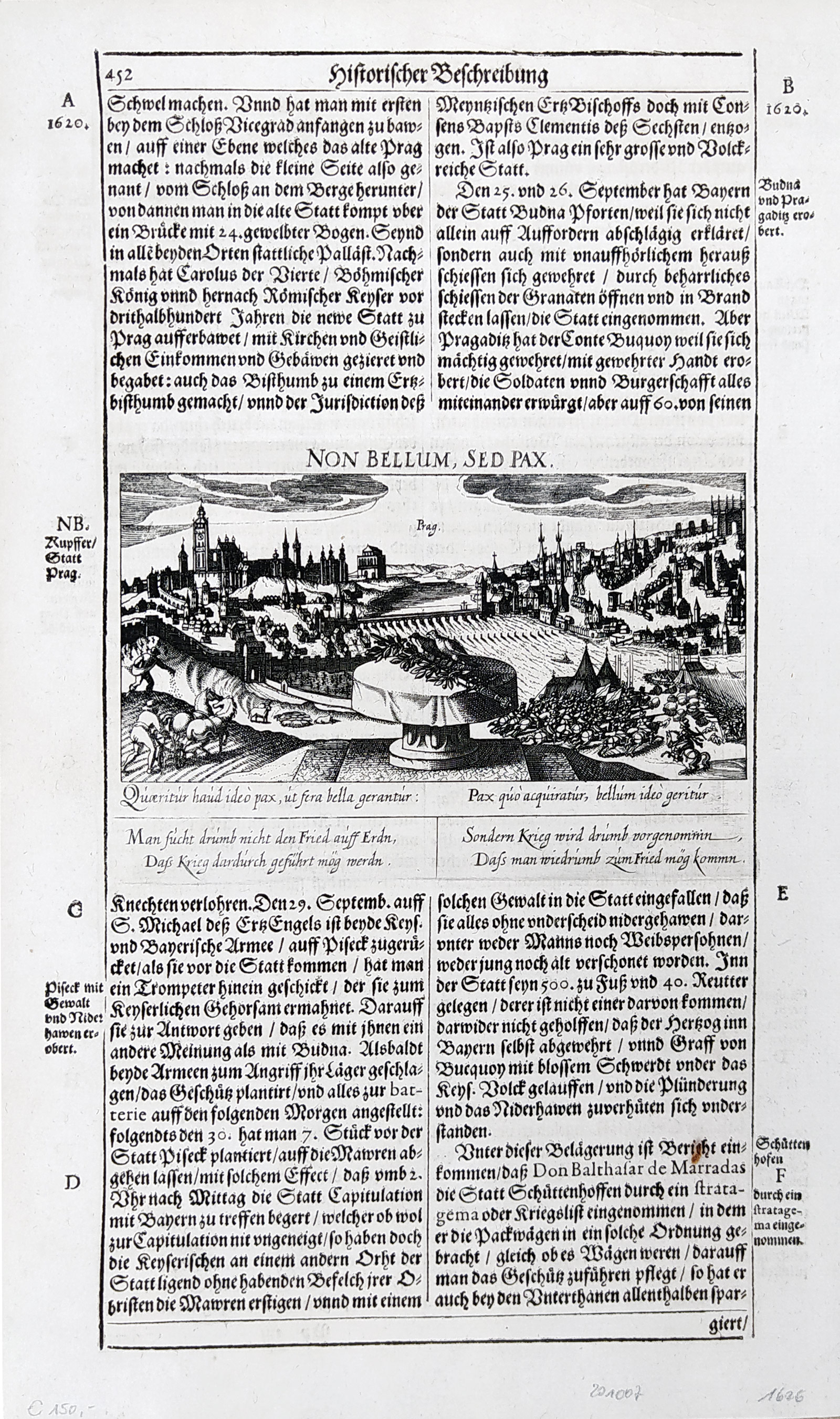 Praha – Pohled na město z výšin nad Smíchovem, E. Kiesel, původní mědiryt, 1626