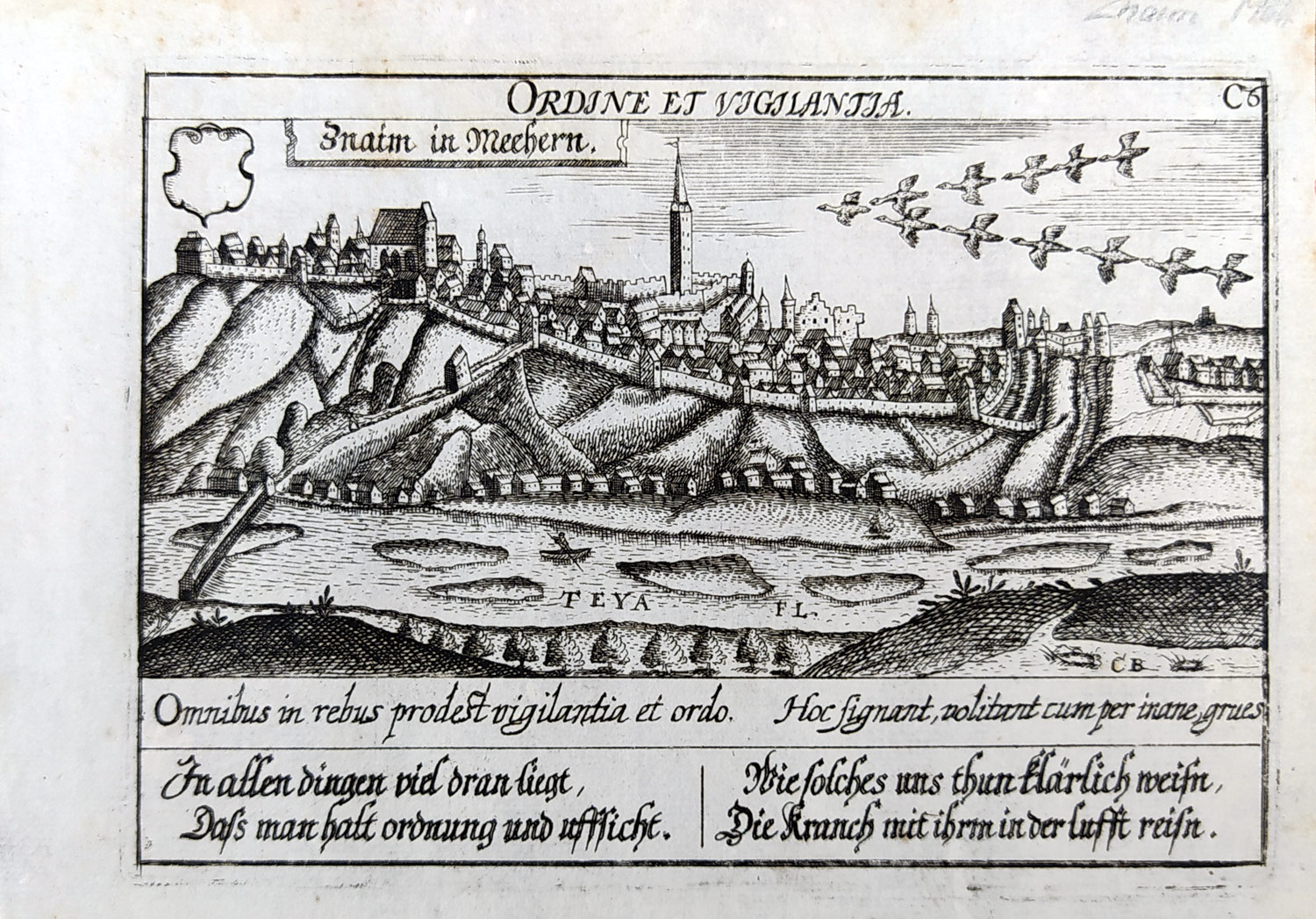 Znojmo – Meissner Daniel, původní mědiryt, veduta, 1678