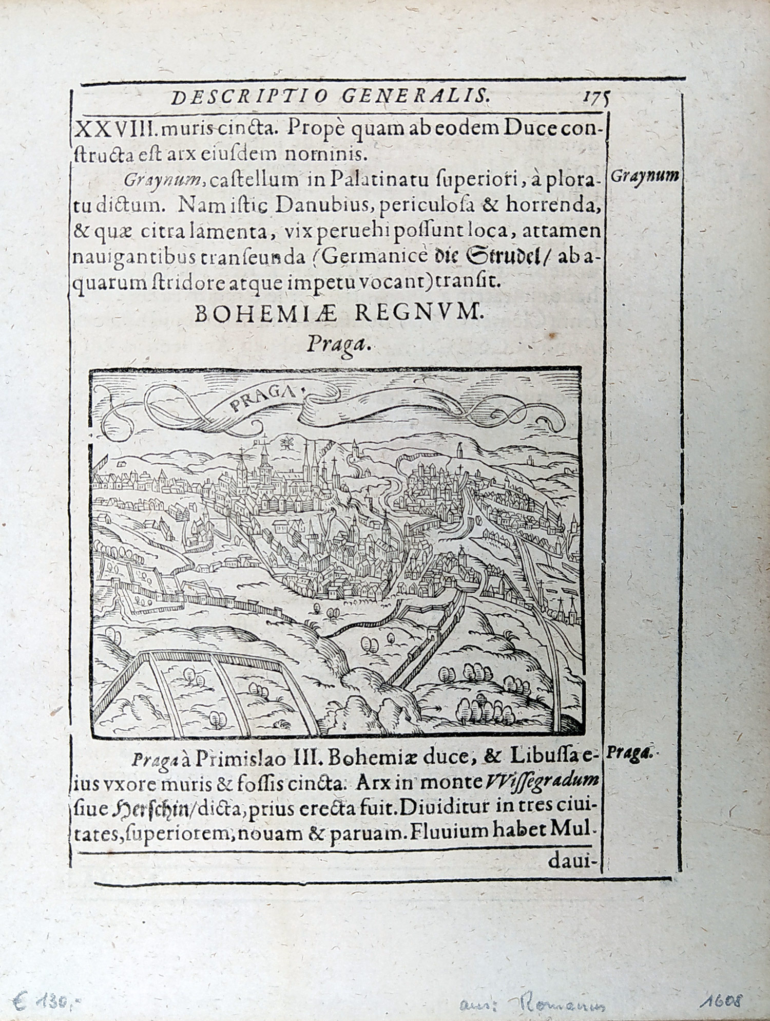 Praha – Pohled na město z výšin nad Smíchovem, původní mědiryt, 1608