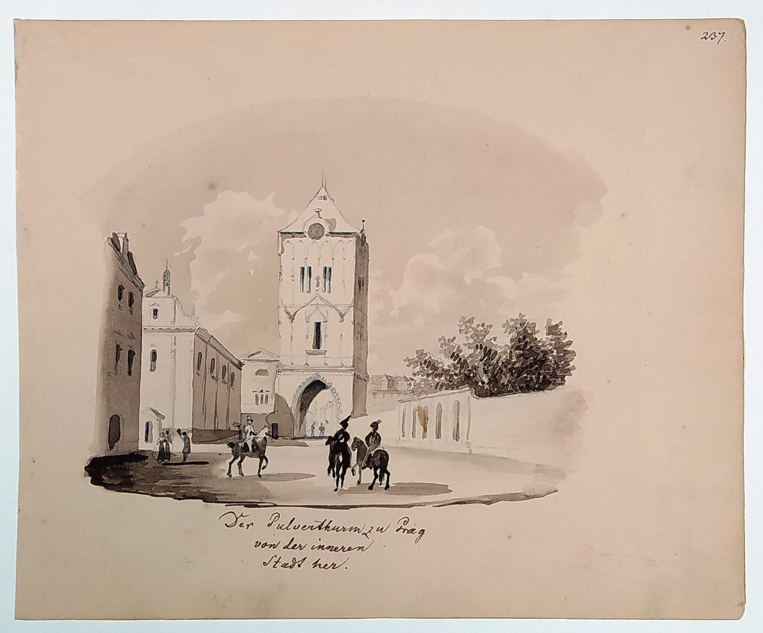 Praha – Prašná brána, malba tuší, 2. polovina 19. století