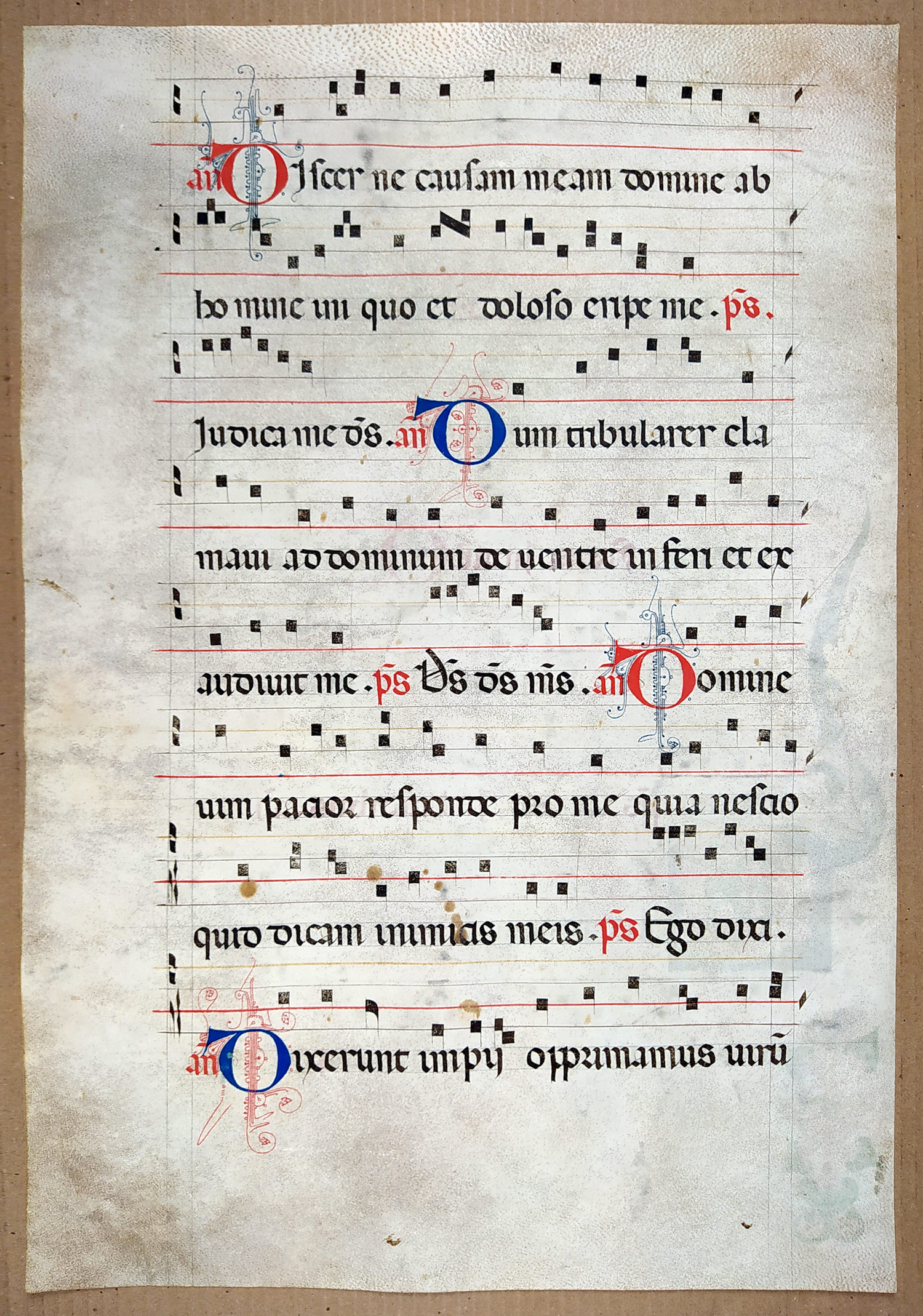 Antifonář – Notový záznam z liturgické knihy, oboustranná malba na pergamenu, 1. pol. 14. stol.