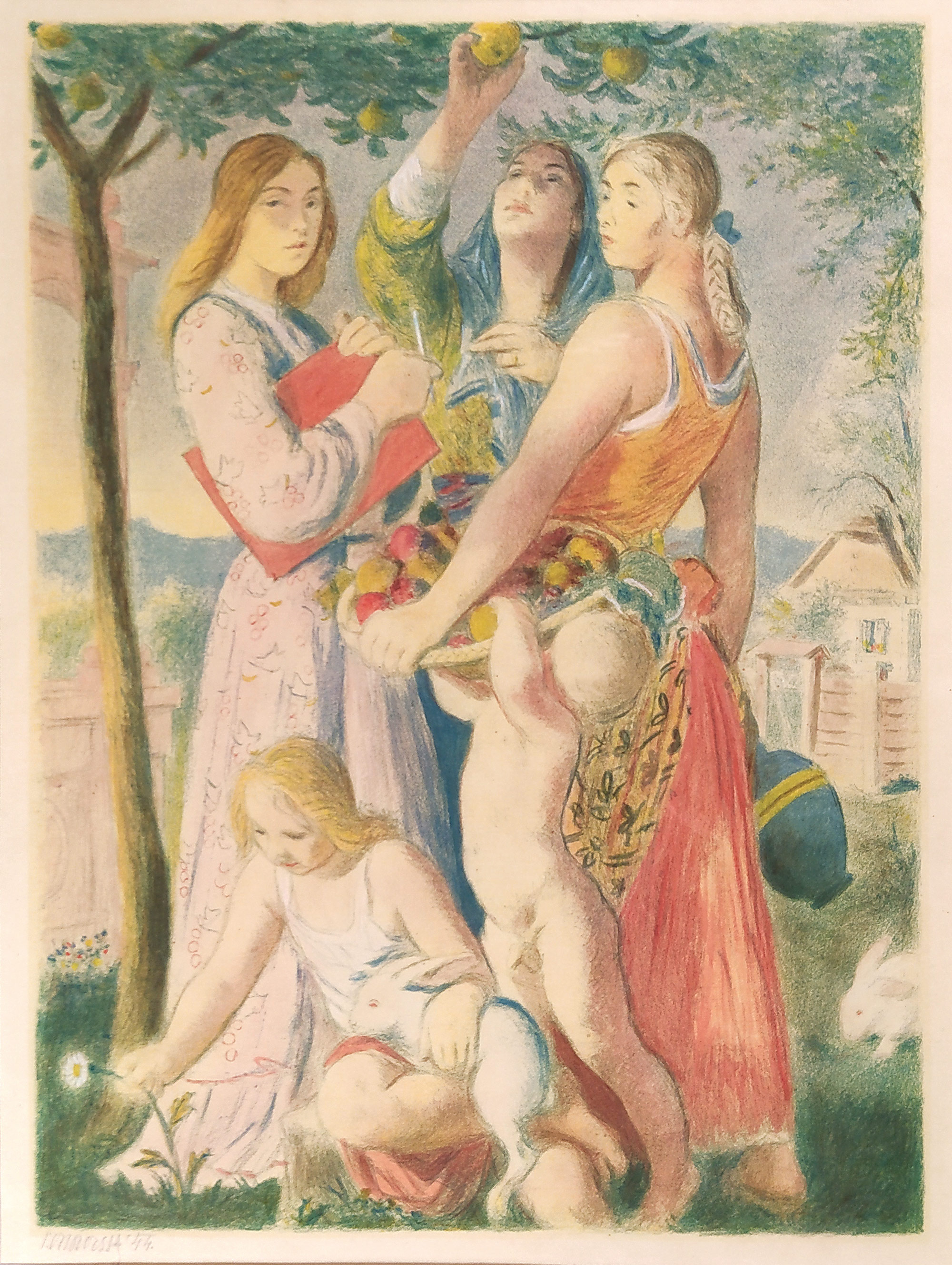 Obrovský Jakub – Radost v zahradě, původní barevná litografie, 1944