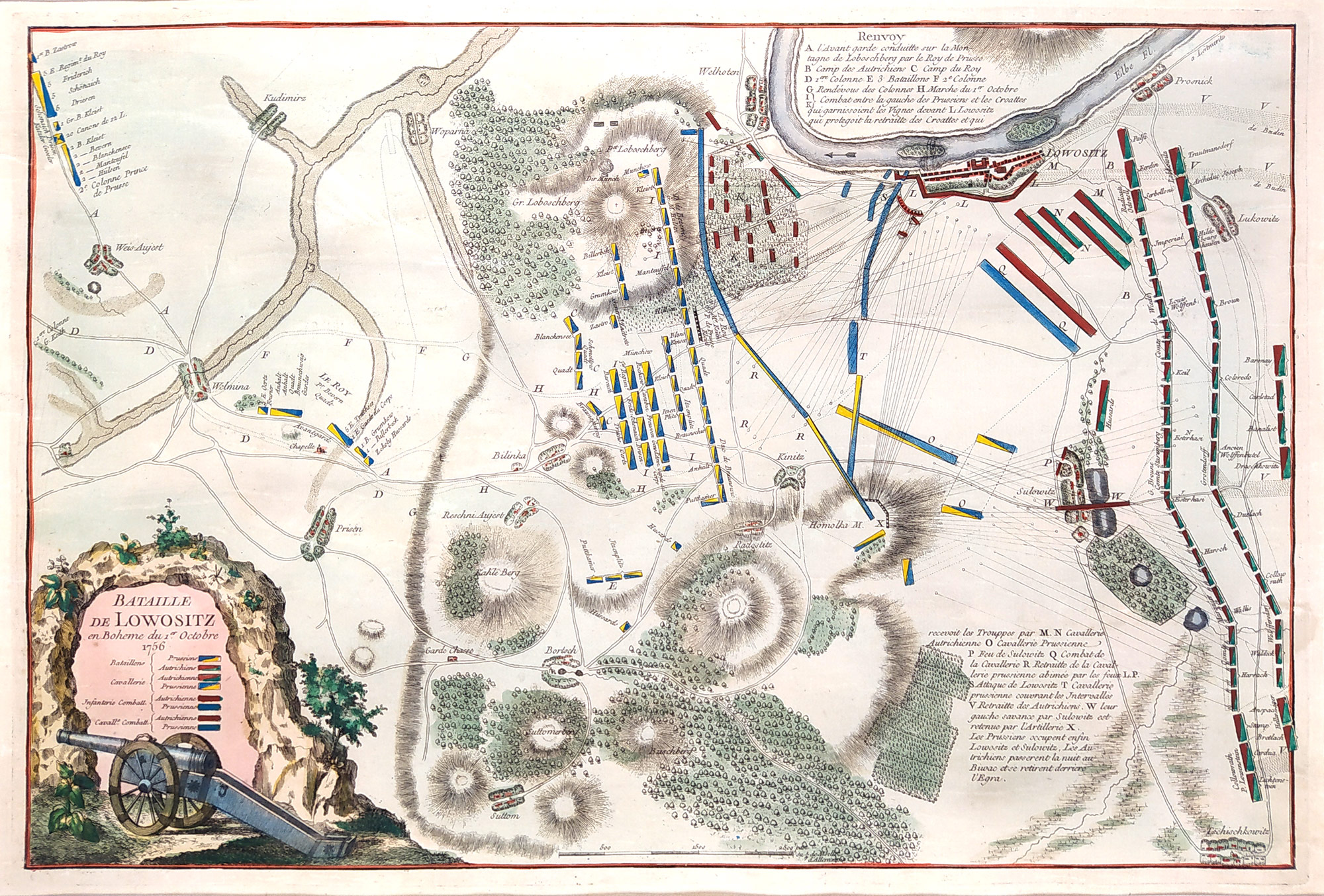Lovosice – Plán bitvy u Lovosic 1756, G. N. Raspe, staře kolorovaný původní mědiryt, ca 1760