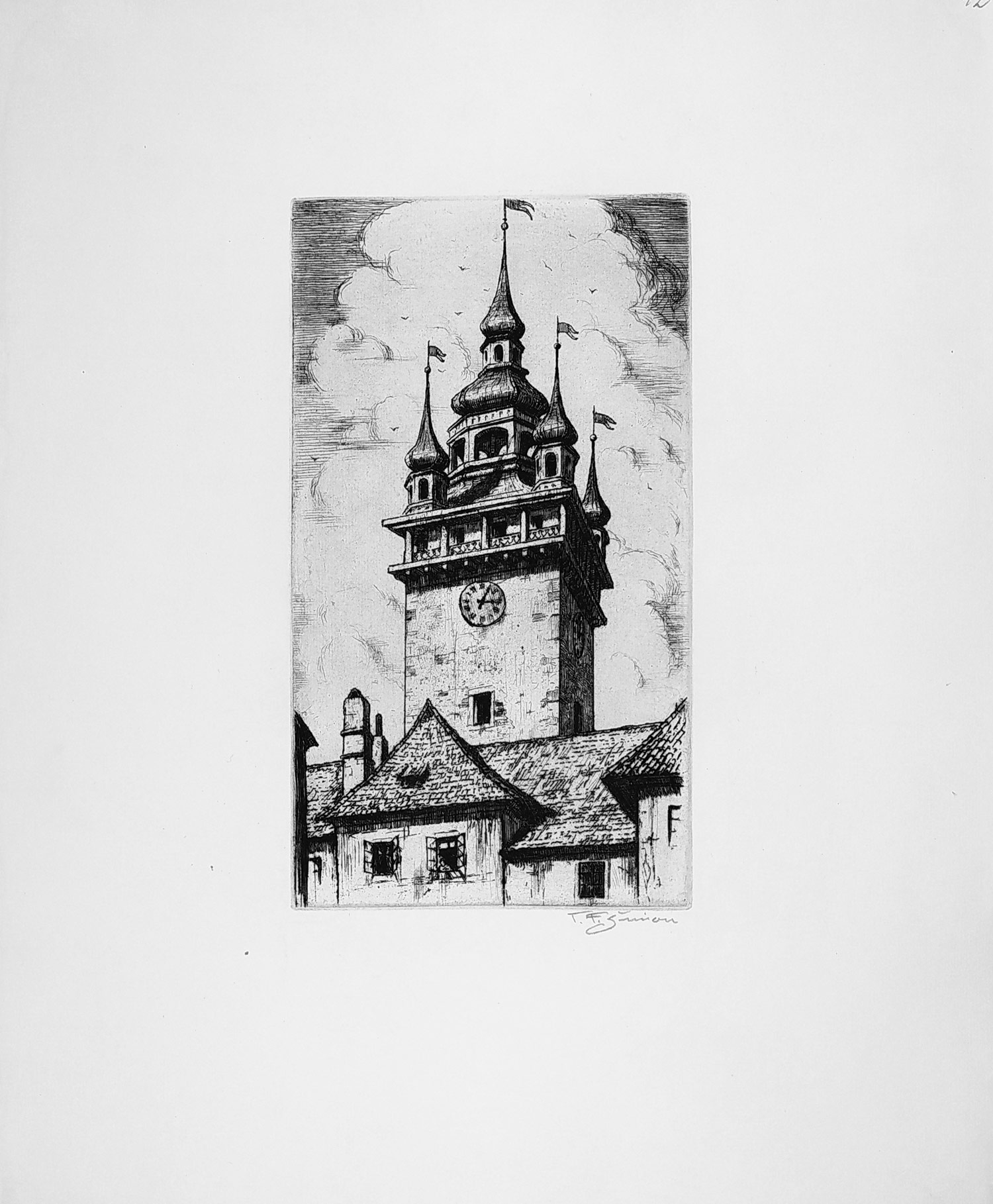 Šimon Tavík František – Brno, Radniční věž, původní lept, 1928