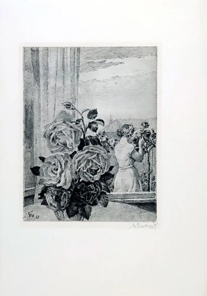 Švabinský Max – Dívka a růže, původní litografie s barevným podtiskem, 1955