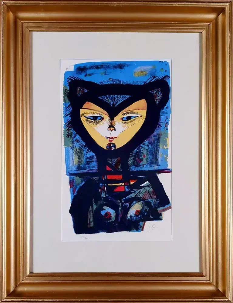 Liesler Josef – Kočka, původní barevná litografie, 60. léta