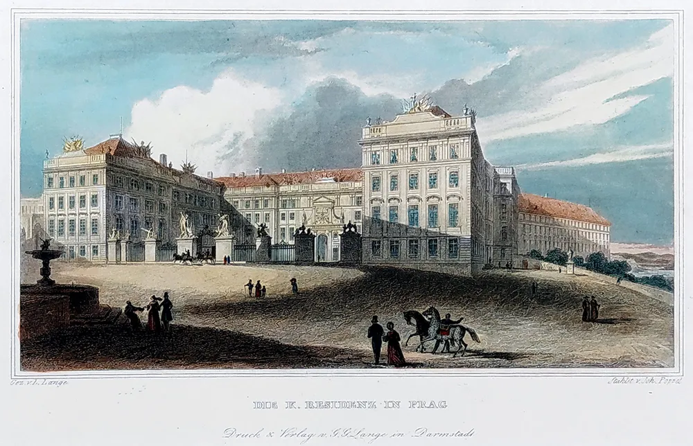 Praha – Pražský hrad, L. Lange, Johann Poppel, kolorovaný původní oceloryt, ca 1840