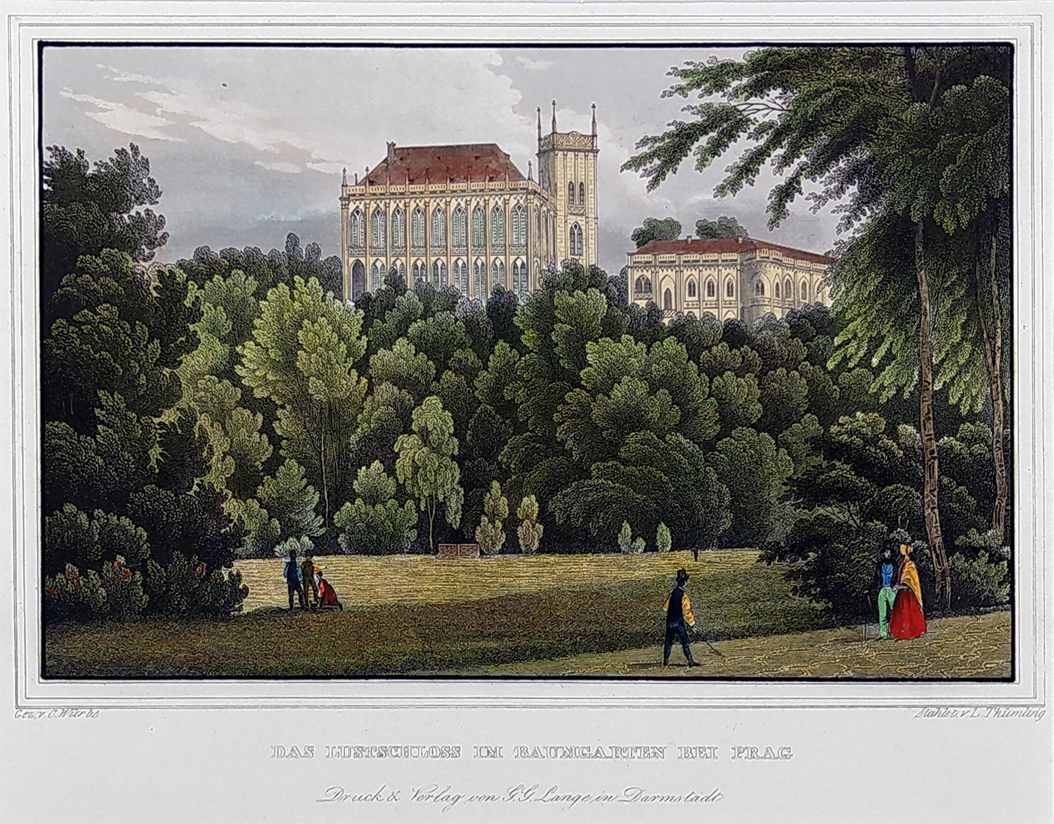 Praha – Letohrádek ve Stromovce, L. Thümling, C. Würbs, kolorovaný původní oceloryt, ca 1840