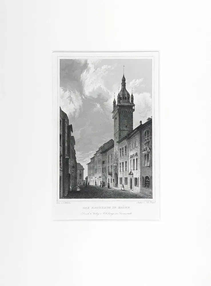 Brno – Radnice, Johann Poppel, Carl Würbs, původní oceloryt, 1845